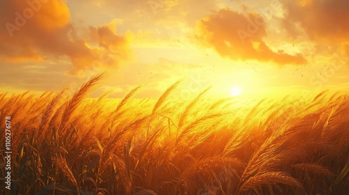 A field of corn swaying in the wind, under a summer sun