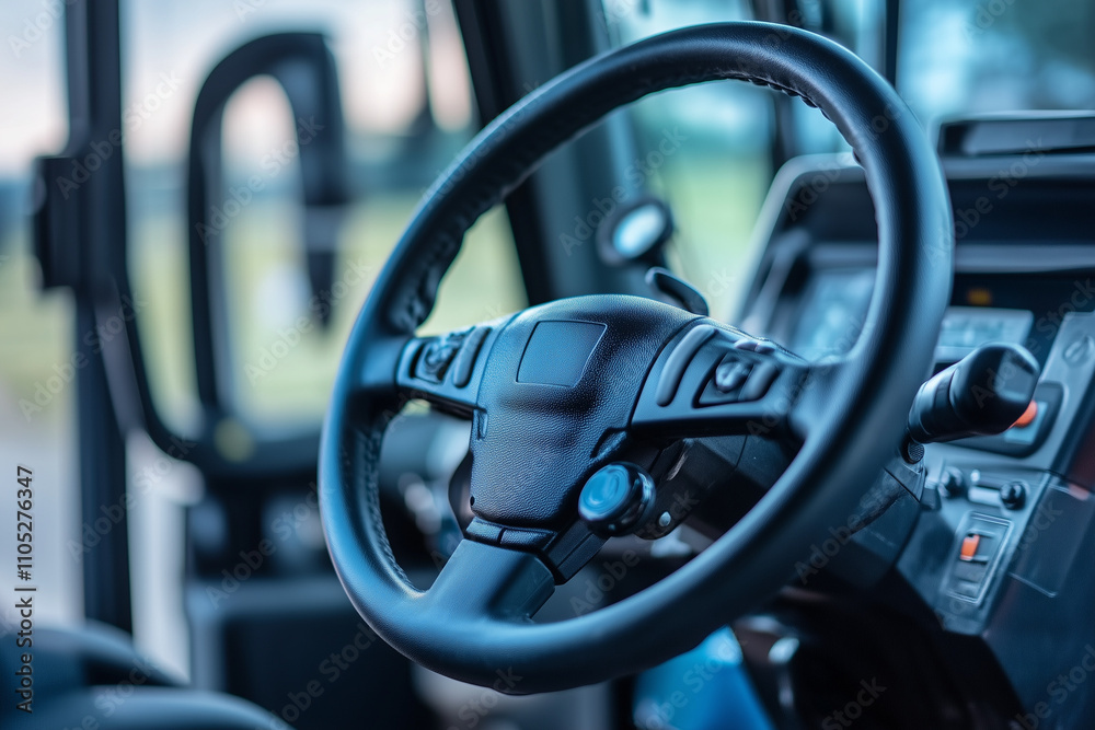 Close-up of vehicle steering wheel in modern truck cabin Close-up of vehicle steering wheel in modern truck cabin
