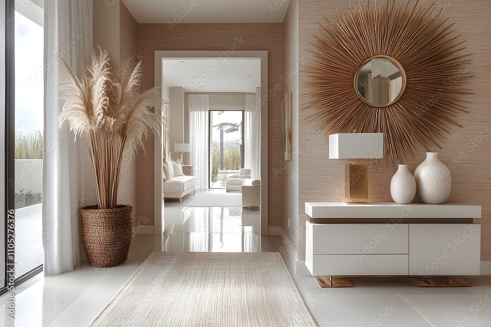 Stylish entryway with statement mirror Stylish entryway with statement mirror