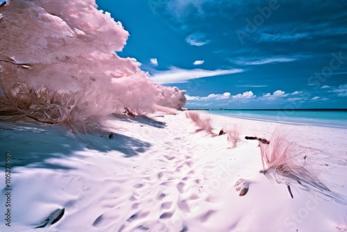 infrared filter turns beach foliage white sand pinkish and water photo