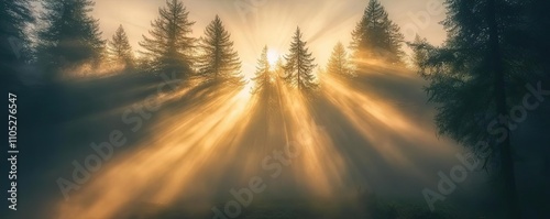 A foggy morning in a redwood forest, with light filtering through