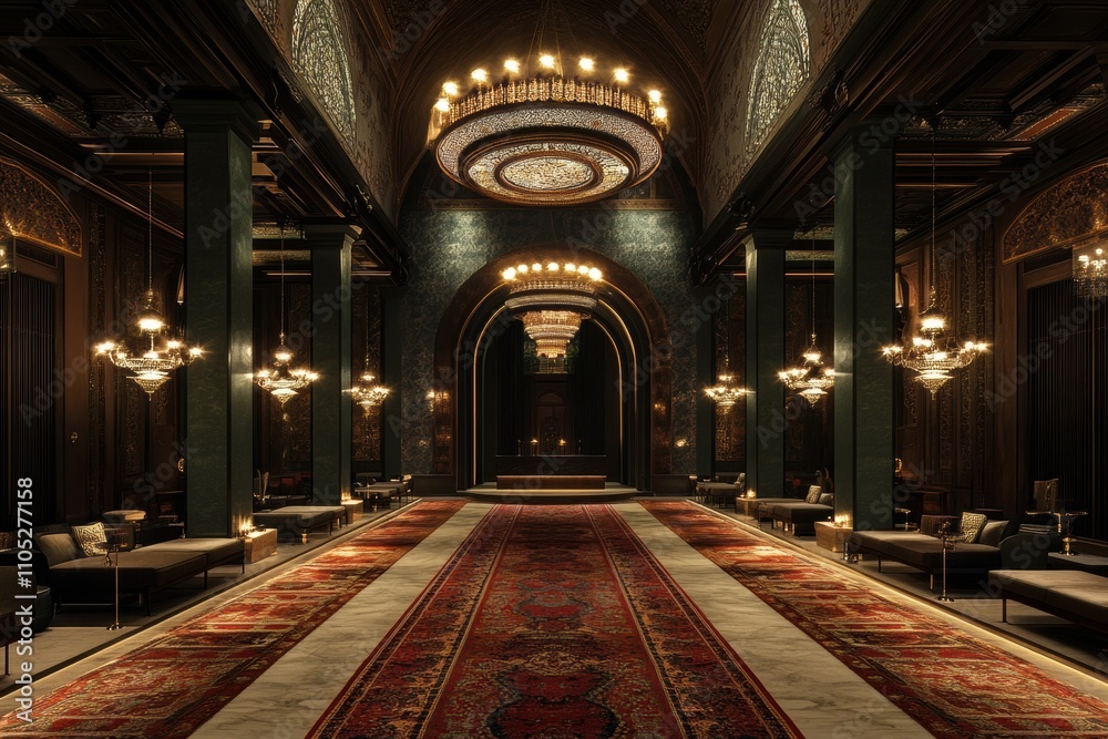 Obraz premium Elegant and Luxurious Interior of a Grand Hall Featuring Opulent Chandeliers, Intricate Ceilings, and Richly Patterned Carpets in a Warm Color Palette