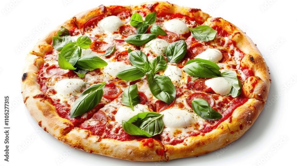 Classic Italian Margherita pizza with red sauce, fresh mozzarella, and basil on white background Classic Italian Margherita pizza with red sauce, fresh mozzarella, and basil on white background
