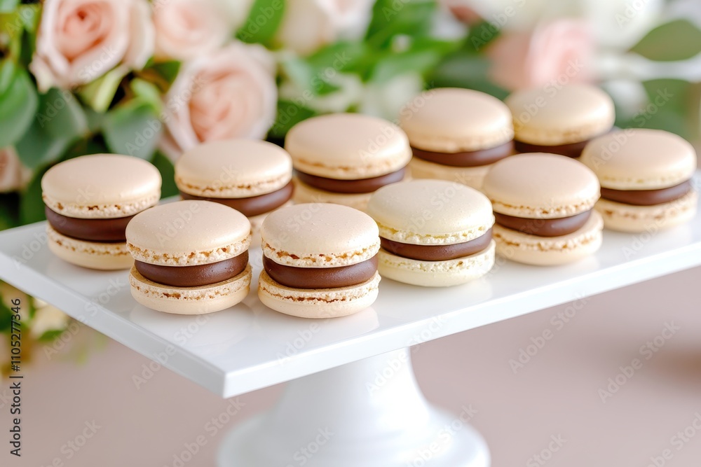 Delicious Rows of Creamy Chocolate Ganache-Filled Macarons, Perfectly Crafted for a Sweet Indulgence. Delicious Rows of Creamy Chocolate Ganache-Filled Macarons, Perfectly Crafted for a Sweet Indulgence.