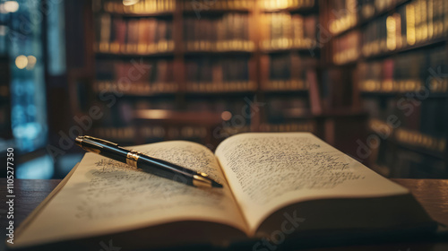 Ink pen resting on an open book in a cozy library setting photo