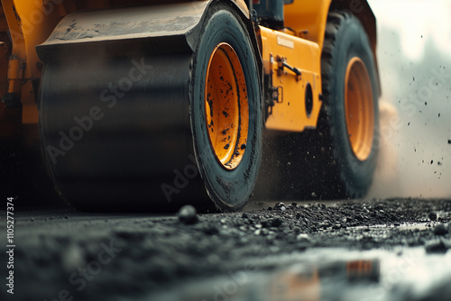 Close-up of asphalt roller compressing road surface photo