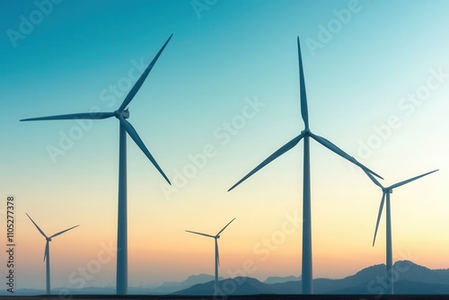 Environmental consideration concept, A serene landscape featuring multiple wind turbines silhouetted against a colorful sunset sky, symbolizing renewable energy and sustainability.