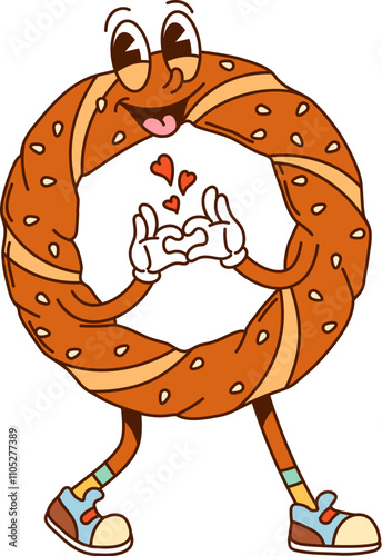Cartoon Turkish bagel simit groovy fast food character. Funny vector bakery, Istanbul cafe pastry or dessert retro personage with sesame seeds and hippie sneakers showing heart gesture, exudes love