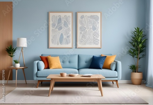 Photo modern style interior room 3d illustration with doodle abstract pattern