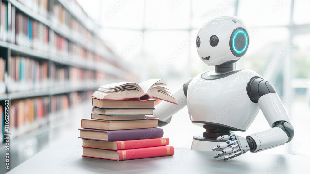 Robot reading in a library surrounded by stacked books. Robot reading in a library surrounded by stacked books.
