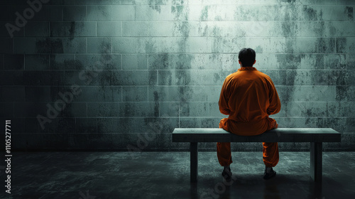 Man in orange jumpsuit sits on bench in dim prison cell photo