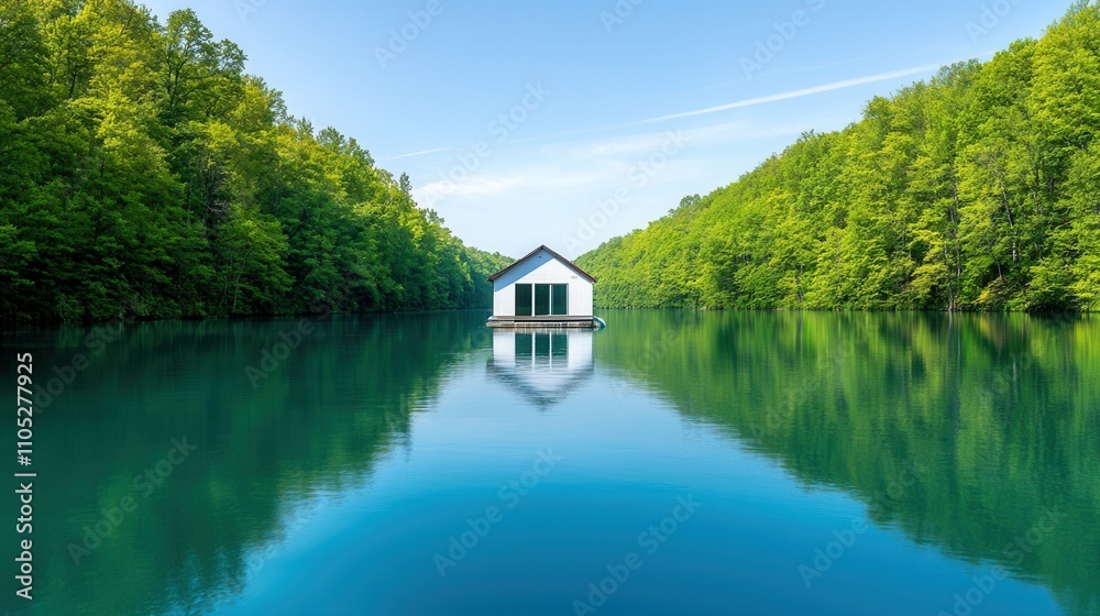 Environmental consideration concept, A serene lakeside house surrounded by lush greenery, reflecting beautifully on the calm water under a clear blue sky. Environmental consideration concept, A serene lakeside house surrounded by lush greenery, reflecting beautifully on the calm water under a clear blue sky.