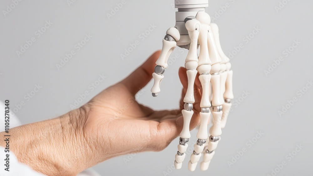 A skeletal prosthetic robot hand hand interacting with a human hand for comparison. A skeletal prosthetic robot hand hand interacting with a human hand for comparison.
