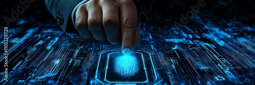 Close-Up Of Businesspersons Hand Using Fingerprint Scanner On Futuristic Technological Background. photo