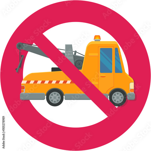 Orange tow truck with its crane at the back with a circular red strikethrough prohibition symbol in flat design style (cut out)