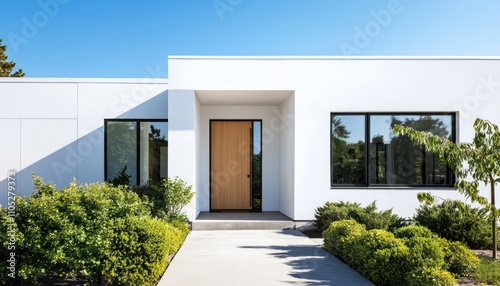 A contemporary home with clean white walls, black window frames, and a wooden entry door.