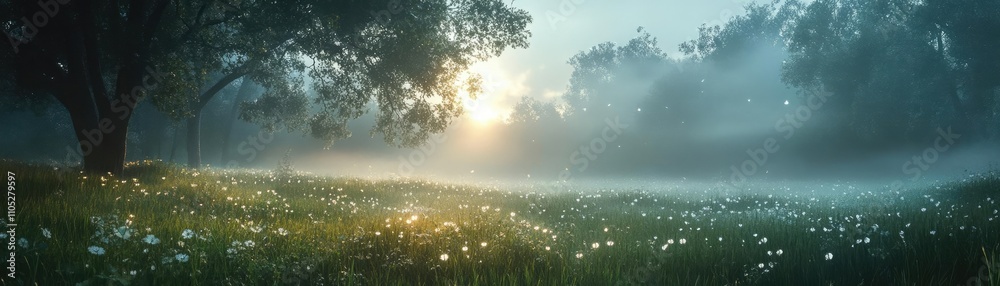 Fototapeta premium A misty meadow at dawn, with dewdrops on the grass