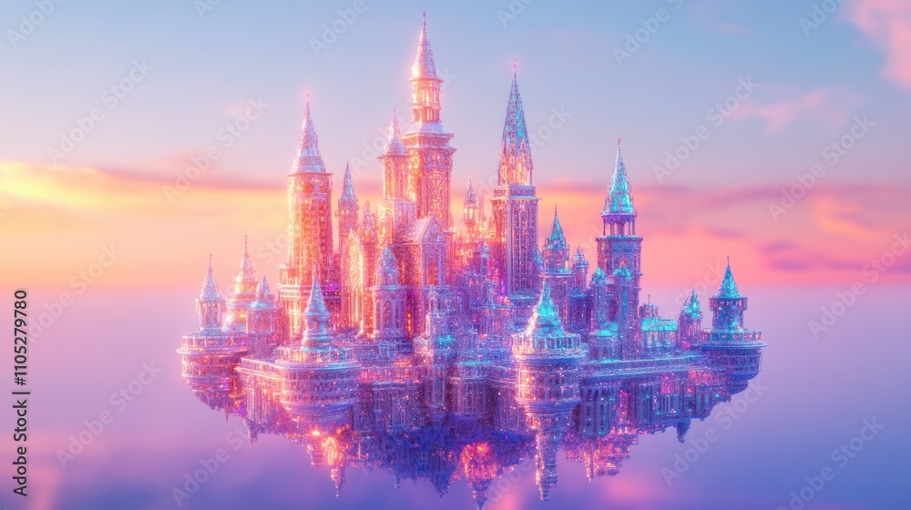 A Crystal Castle Floats Above Pastel Clouds at Sunset A Crystal Castle Floats Above Pastel Clouds at Sunset