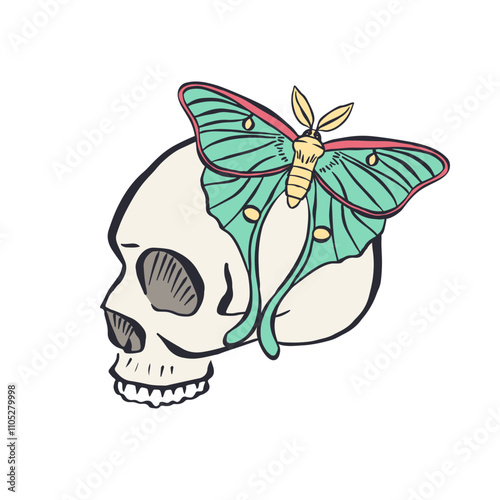 Hand drawn human skull with teal luna moth wings isolated on white background. Bohemian skeleton head with butterfly design