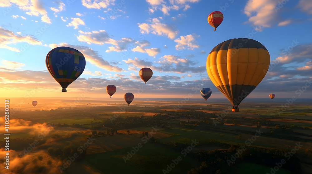 Obraz premium Sunrise Hot Air Balloons Soaring Over Scenic Landscape