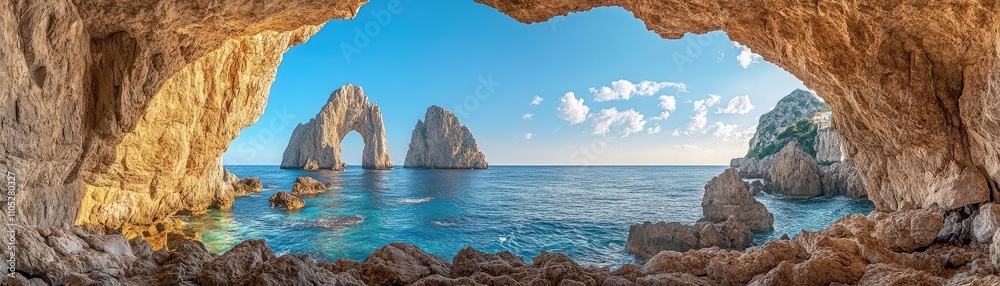 Fototapeta premium A natural arch formed in rocks, framing a view of the sea