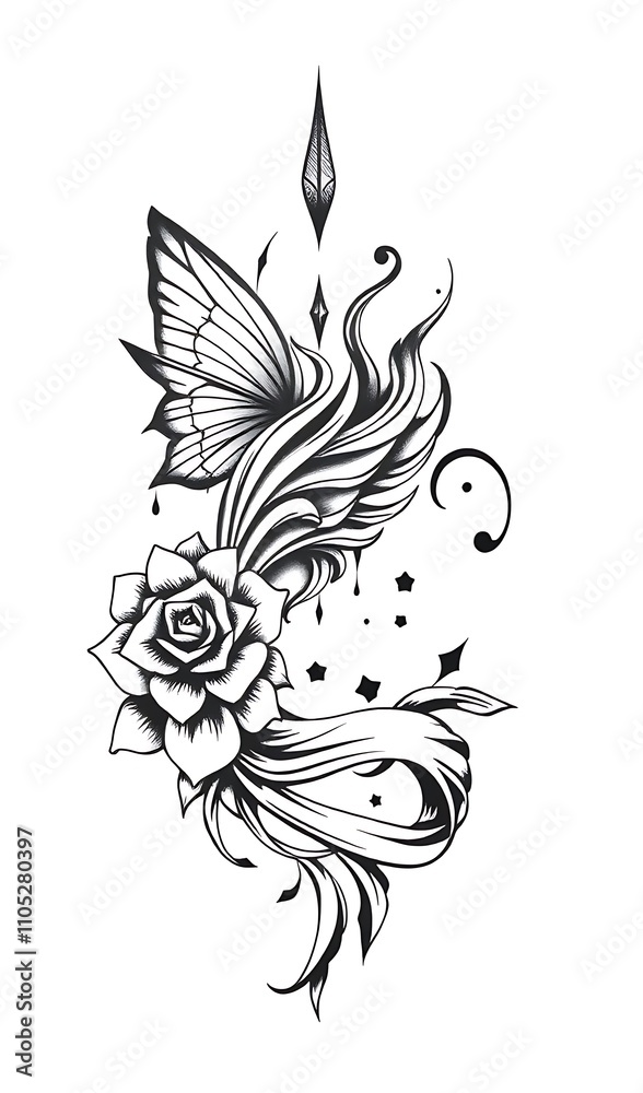 Elegant Rose and Butterfly Ink Drawing: A Floral Tattoo Design. AI Generated Elegant Rose and Butterfly Ink Drawing: A Floral Tattoo Design. AI Generated