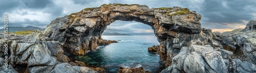 A natural arch formed in rocks, framing a view of the sea