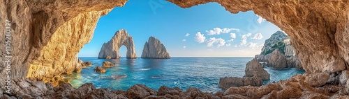 A natural arch formed in rocks, framing a view of the sea