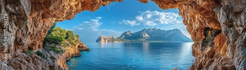 A natural arch formed in rocks, framing a view of the sea