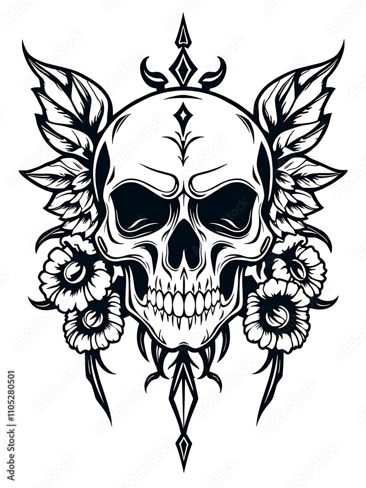 Obraz premium Winged Skull with Floral Embrace: Black and White Tattoo Design. AI Generated