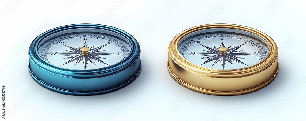 3D Render of Two Antique Compasses, Blue and Gold, Showing Direction 3D Render of Two Antique Compasses, Blue and Gold, Showing Direction