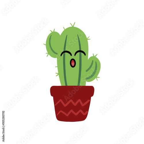 Funny cactus in kawaii style. Green cactus with eyes and open mouth, Succulent or cacti plant character in pot. Prickly houseplant with funny face and emotion. Cute home cacti