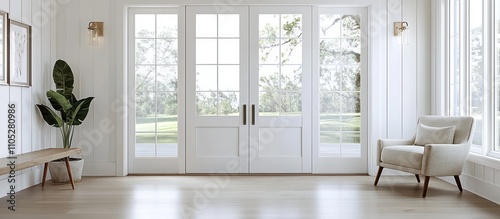 Minimalist farmhouse entry with soft colors, natural light, and simple decor.