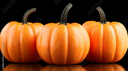 Three Vibrant Orange Pumpkins Arranged in a Row on a Black Background, 3D Render photo