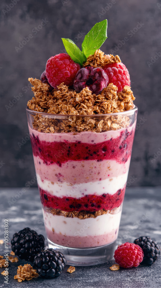 Snack candy sweet food concept. Delicious layered yogurt parfait with berries Snack candy sweet food concept. Delicious layered yogurt parfait with berries