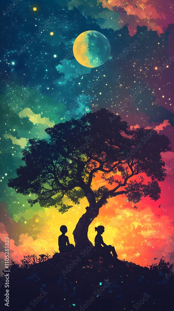 A silhouette of two people sitting under an old tree, with the background filled by vibrant colors representing different elements like water and fire A silhouette of two people sitting under an old tree, with the background filled by vibrant colors representing different elements like water and fire