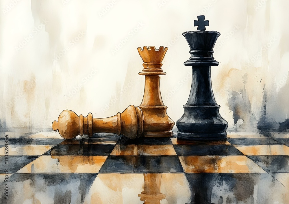A watercolor painting of a chessboard with several chess pieces. The black king, queen, and rook stand tall, while a fallen black pawn lies on its side A watercolor painting of a chessboard with several chess pieces. The black king, queen, and rook stand tall, while a fallen black pawn lies on its side