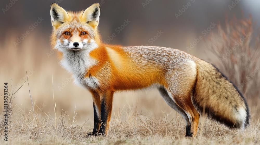 A red fox standing in a field, alert and watchful A red fox standing in a field, alert and watchful