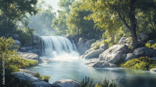 A river flowing over smooth rocks, creating gentle waterfalls