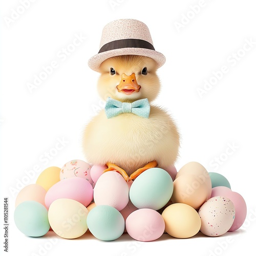 Easter theme Charming duckling surrounded by colored eggs. easter concept design photo