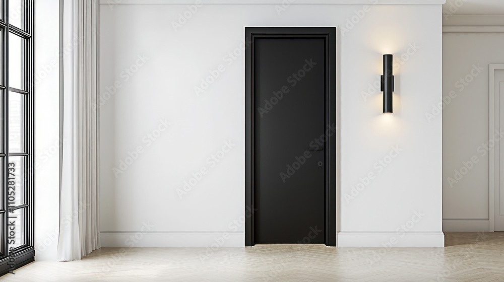 Fototapeta premium Simple black matte door with white walls, oak flooring, and black sconces.