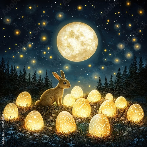 Easter theme A rabbit in a moonlit meadow with glowing eggs. easter concept design photo