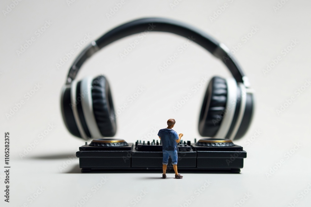 Miniature man stands by dj equipment, big headphones. Person operates music console. Scene represents music production, audio art. Concept for stock photo featuring miniature people, tech objects. Miniature man stands by dj equipment, big headphones. Person operates music console. Scene represents music production, audio art. Concept for stock photo featuring miniature people, tech objects.