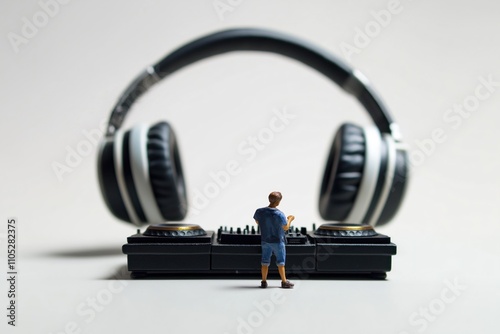 Miniature man stands by dj equipment, big headphones. Person operates music console. Scene represents music production, audio art. Concept for stock photo featuring miniature people, tech objects. photo