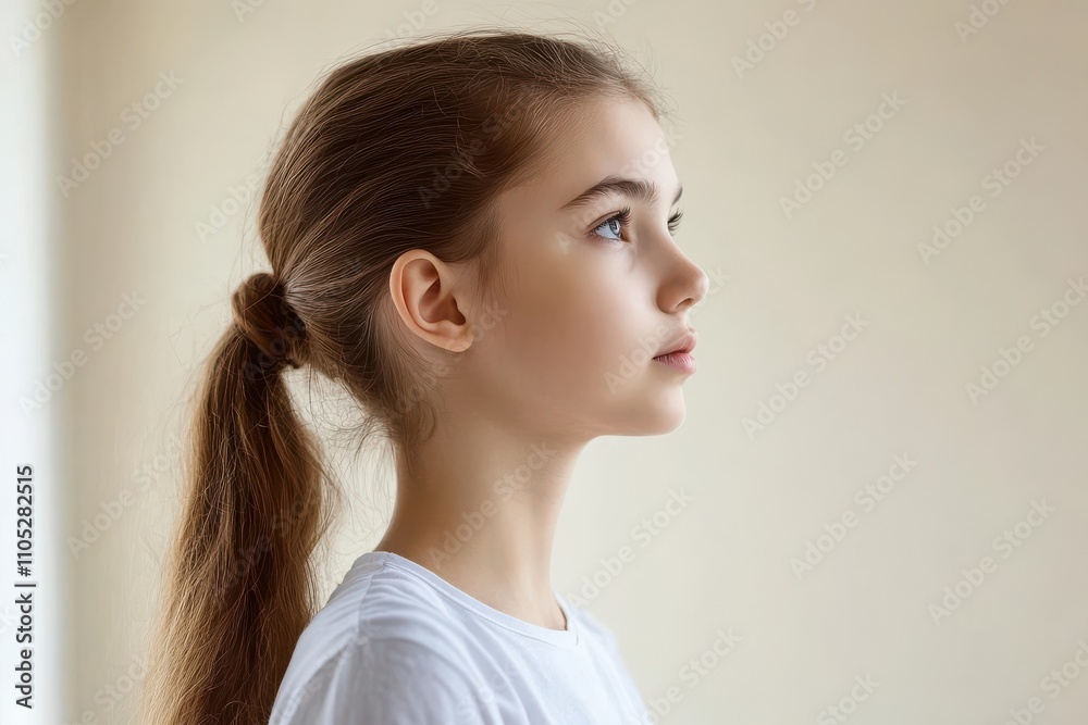 Young Girl with Long Hair in Profile Displaying Thoughtful Expression Against Simple Neutral Background, Capturing Youthful Innocence and Curiosity Young Girl with Long Hair in Profile Displaying Thoughtful Expression Against Simple Neutral Background, Capturing Youthful Innocence and Curiosity