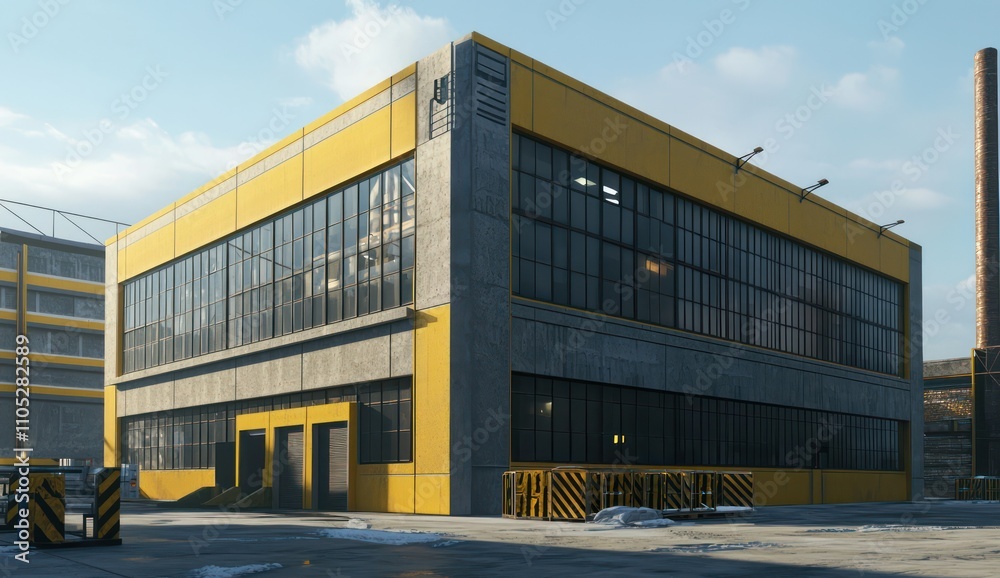 Obraz premium Industrial-design warehouse with yellow and grey design and black-framed windows.