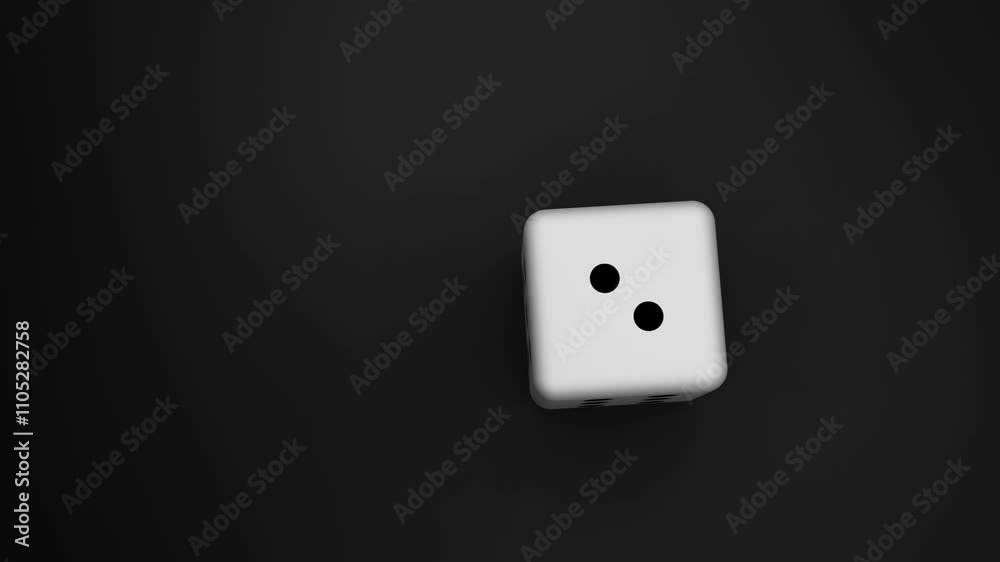 A 3D rendered video of a single dice rolling on a black surface and stopping at number 2 with two black dots, ideal for casino or gambling themes. A 3D rendered video of a single dice rolling on a black surface and stopping at number 2 with two black dots, ideal for casino or gambling themes.