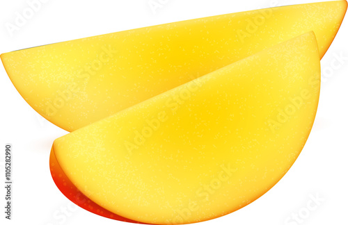 Realistic ripe raw tropical mango fruit slices. Isolated 3d vector vibrant segments or wedges burst with juicy sweetness, golden flesh, tinged with a hint of citrus, offers a refreshing exotic taste