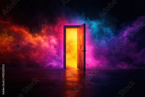 A colorful door opens to a vibrant world, highlighted by a dark background.