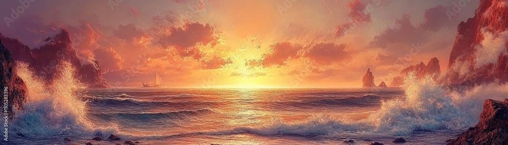 A sunset on a rocky coastline, with waves crashing against the shore A sunset on a rocky coastline, with waves crashing against the shore